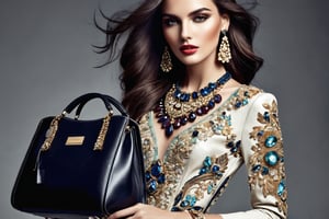 Fashion editorial style {prompt} . High fashion, trendy, stylish, editorial, magazine style, professional, highly detailed, a pretty girl, luxury dress, carrying a leather bag, jewelrys, gems, on magazine