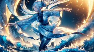 hyper detailed masterpiece, dynamic, awesome quality, minute aqueous floating DonM3l3m3nt4l, stark beauty, wizardly, well-functioning, charming, halcyon, (masterpiece, top quality, best quality, official art, beautiful and aesthetic:1.2), solo, 1girl, Chinese, long silver hair, hanfu, long robe, with bun accessories, extreme detailed, (abstract, fractal art:1.3), highest detailed, water, wave, ice, lightning, light_particles, ghost, mountains, Chinese temple,