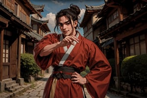 Masterpiece, best quality, detailed character design, UHD, (solo, 1male:1.5), 25 years old, a traditional Chinese physician, sporting a rakish grin, manly, (wide jaw), (black, single hair bun:1.3), tall and lean, accurate body and hand anatomy, (hanfu, grey), begging, bowing, sincere, very humble, ancient street in the background, outdoors, ancient China style, boichi manga style