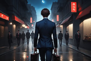 Dark Moody Atmosphere, {prompt}, dramatic, mysterious, dark moody atmosphere, masterpiece, beautiful and aesthetic, ultra detail, intricate, 1male, solo, 23 years old, detailed character design, delicate face, brown short hair, dark blue suit, white shirt, red tie, (full body, back view:1.5), drunk pose, (carry a briefcase:1.2), walking in the street, city, night moon