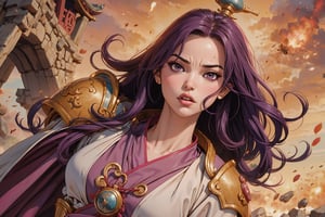 In Chinese mythology, solo, 1girl, big eyes, pink lips, long curly hair, purple hair, tall and thin, warrior, armor, long robe, eyes closed, expression of pain, unsteady, shaky, (high angle shot:1.2), ancient China style, boichi manga style