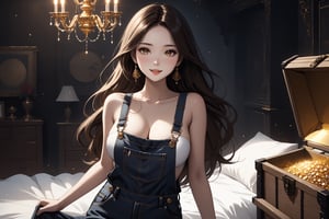 Dark Moody Atmosphere, {prompt}, dramatic, mysterious, dark moody atmosphere, masterpiece, beautiful and aesthetic, ultra detail, intricate, 1female, solo, 20 years old, detailed character design, Asian beauty, pure, romantic mood, feminine soft face, golden eyes, mischievous grin, (flowing long hair, brown), detail skin, pore, curvaceous, slender waist, big breasts, denim dungarees, (full shot), (hands on hips), standing atop a treasure chest overflowing with gold and jewels, in bedroom