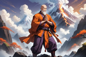 masterpiece, beautiful and aesthetic, ultra detail, intricate, 1male, solo, (60 years old, old man), detailed character design, warrior monk, godlike, domineer expression, bead_earrings, (full beard, white), bald, (short stature, muscular), (Kasaya of Shoulder-covering Style, orange), dark purple pants, (a small magic flame on his shoulders), (straight on), dynamic pose, (hands in prayer pose:1.5), standing on the peak, Chinese martial arts animation style, volcanos, mists