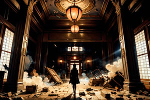 A majestic, ornate ceiling adorned with intricate carvings and golden filigree suddenly crumbles, revealing a dimly lit, ancient Chinese temple interior. A flurry of falling tiles and debris creates a sense of chaos as dust settles around the entrance, where a lone figure stands frozen in shock.