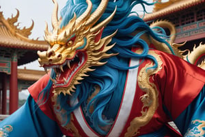 masterpiece, beautiful and aesthetic, ultra detail, intricate, [1man:2 | 1Chinese dragon head], 55 years old, detailed character design, domineering, (messy blue hair, red mane), (fatty:1.5), golden dragon robe, upper body, dynamic pose, Inspired by Chinese mythology story, dragon palace