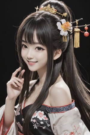 masterpiece, best quality, 1girl, long hair, blouse, light smile, detailed skin, pore, off_shoulder, low key, black_background, ancient China style, anime style, 2d 