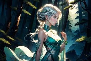 masterpiece, beautiful and aesthetic, ultra detail, intricate, 1female, a celestial ethereal ghostly Fairy, 50 years old, solo, detailed character design, grace, gentle nature, feminine soft face, light green eyes, (long hair, Braided updo, silver hair), hair ornament, tall, slender body frame, collarbone, bead_bracelet, (cheongsam, long, green), (holding a bead_necklace), (back view:1.5), dynamic pose, (a single hand in prayer pose), standing atop hill, Chinese martial arts animation style, pine woods in the background, Inspired by Chinese mythology story