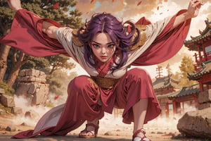 In Chinese mythology, solo, 1girl, beauty, big eyes, pink lips, long curly hair, purple hair, (accurate body and hand anatomy), tall and thin, warrior, armor, long robe, dynamic pose, practice Kung Fu, Chinese martial arts, outdoors, under sunshine, ancient China style, boichi manga style