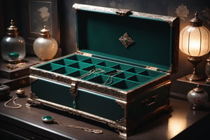 Dark Moody Atmosphere, {prompt}, dramatic, mysterious, dark moody atmosphere, masterpiece, beautiful and aesthetic, ultra detail, intricate, (a delicate jewelry case, lid opened, deep green), on antique table, in the Asian second-hand goods shop, indoors