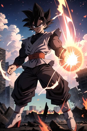 masterpiece, perfect, beutifull, full body,(Black Goku, dragon ball) eyes blacks, hair black, perfect body,red belt, shirt black, pants black, angry face, smile ROSEV2,Muscle,Male focus,doomerboy, (goku balck)

<landscape, destroyed buildings, fire>