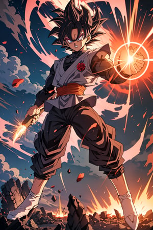 masterpiece, perfect, beutifull, ultra detalled, ultra perfect, full body,(Black Goku ssj rose, dragon ball) eyes greys, hair rose, perfect body,red belt, shirt black, pants black, angry face, ROSEV2,Muscle,Male focus,doomerboy, (goku balck)

<landscape, destroyed buildings, fire>