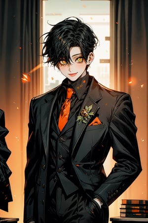 High quality, masterpiece, rayearth, 1boy, a mature man, shiny undercut black hair, bright orange pupils, business suit, standing in the middle of a work office, with an feral smile, pale_skin,1guy