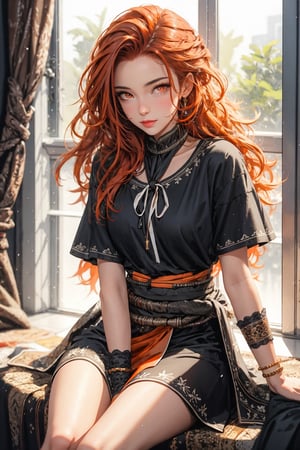 High quality, masterpiece, 1girl, sole_female, shiny long orange hair, dazzling red eyes, a simple dress of black fabric resembling a curtain: two ends tied with a knot behind the neck, covering the chest, then gradually thinning and ending up being a kind of loincloth that covers his genital area and reached to his knees, sitting next to a waterfall