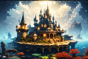 High quality, Masterpiece, Landscape, a fantasy castle under water, with luminescent corals and kelp forests, night