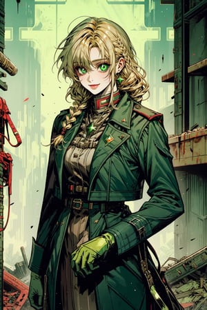 High quality, masterpiece, rayearth, 1boy, a mature woman, shiny curly blonde hair in braids, bright green pupils, futuristic soldier clothes, standing in the middle of a destroyed hospital, with an joyful smile, pale skin