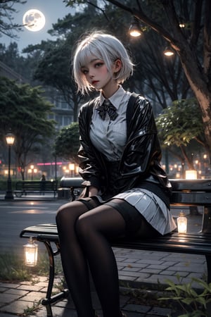 High quality, masterpiece, 1girl, sole_female, shiny undercut white hair, night_sky, invernal schoolgirl uniform, watching the moonlight from a bench in a park in Christmas