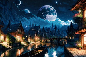 High quality, masterpiece, ,rayearth, a wooden boat traveling along a canal that passes through an ancient fantasy city, at night with the moon shining, aerial view