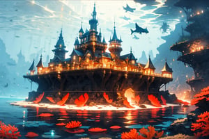 High quality, Masterpiece, Landscape, a fantasy castle under water, with luminescent corals and kelp forests, night