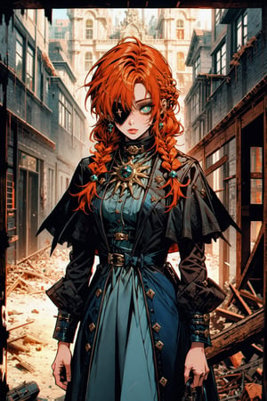 High quality, masterpiece, rayearth, 1girl, a mature woman, shiny straigth orange hair in braids, bright blue pupils, post apocalytic clothes, standing in the middle of a destroyed mansion, tanned skin, with an eye patch