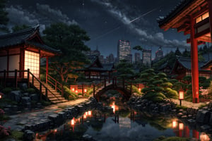 High quality, masterpiece, ,rayearth, a Japanese garden surrounded by a metropolitan city,night city