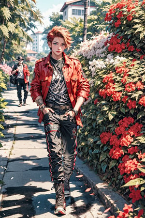 High quality, masterpiece, 1boy, sole_male, , brigth_blue_eyes, eyesgod, viking, short red military style hair, military jacket, t-shirt, work pants, combat boots, walking in a bougainvillea park