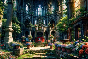 High quality, masterpiece, ,rayearth, a large old victorian style church being consumed by trees and flowers of various types