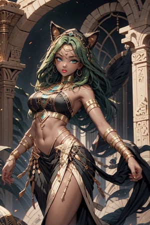 High quality, masterpiece, 1girl, solo_female, 16 year old girl, very hot, tanned skin, medium_long green hair, incandescent blue eyes, dark lips, Marked abs, chest_fluff, curvy_figure, nice ass, wide hips, dark skin,tan,muscle, ancient egypt landscape, Style ,Fantasy ,CAT WITCH,better_hands