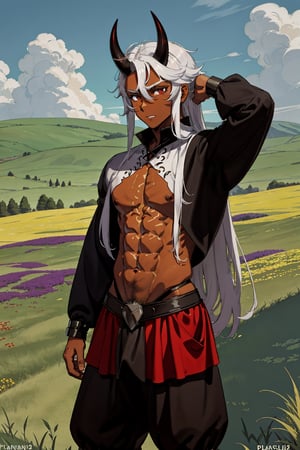 High quality, masterpiece, 1male, 12 year old man, very hot, tanned skin, medium_long platinum hair, incandescent red eyes, , medieval clothes, Marked abs, wide back, strong arms, dark skin,tan,muscle, meadow landscape, purple devil_horns