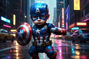 A detailed digital painting of baby Captain America in a dynamic pose. The suit features a modern design with elements of Japanese aesthetics and high-tech details. The color scheme is a mix of dark and bright colors that contrast each other. The image is rendered with maximum detail and post-processing, achieving photorealistic quality. The scene is set in a modern cityscape with neon lights and rain.

