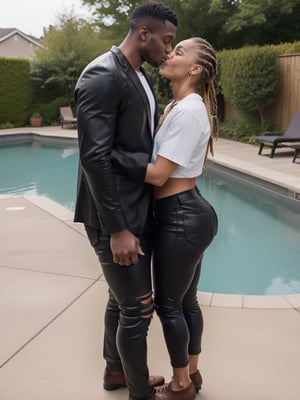 1 young Thickbigass black lady with blond cornrow hair.
She wears a Long Stacked Ripped black leather pants, Brown suit shoes, leathe shirt
She show hapiness in perspective view with a muscular White man Kissing in the cheeks
On the house pool