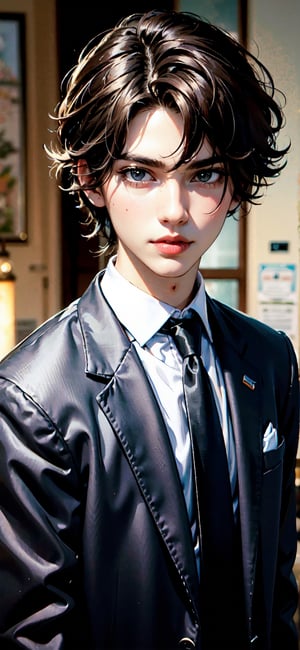 solo, looking at viewer, brown hair, shirt, 1boy, closed mouth, jacket, upper body, male focus, necktie, collared shirt, black eyes, black shirt, formal, suit, black necktie, realistic