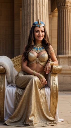 1 girl, beautiful egyptian girl, full body,cleopatra, in a beautiful big palace,old egyptian, sit in a throne, smiling camera,egyptian clothes