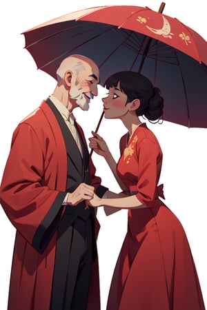 (illustration of some old people bring money with both hand, happy face), background at the forest, looked from medium, art by Atey Ghailan,masterpiece,Chinese anime, a bald man and an elegant woman in red dress standing under the umbrella together, white background, in the style of Japanese comics .anime shounen illustration in the style of , an ancient bald man and beautiful woman in red dress stand under the umbrella together, he gently holds her head to his for a kiss, she wears very long hair in buns with bangs covering half of her face, wearing traditional , dreamy romantic atmosphere in full color