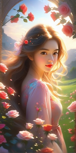 Oil painting, (girl holding a single rose), very delicate and soft lighting, details, Ultra HD, 8k, animated film, soft floral dress, walking through a meadow full of wide green grass,Beautiful girl ,glitter,FilmGirl,(((Baiyun,Sakura background))), (((high saturation))), ((surrounded by brilliant colors)))) super detailed, Beautiful and beautiful, masterpiece, best quality, (tangled, mandala, tangled, twist), (Fractal art: 1.3), 1 girl, Very detailed, dynamic angle, cowboy shooting, Chaos in its most beautiful form, elegant, brutalist design, bright colors, romanticism, Michael Mraz, Adrian Gurney, Petra Courtright, Atmospheric, ecstatic notes, Mobile phone notes are visible