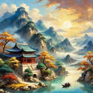 house in the air ,An ancient Chinese painting, ancient Chinese background, mountains, rivers, auspicious clouds, pavilions, sunshine, masterpieces, super detail, epic composition, ultra HD, high quality, extremely detailed, official art, unified 8k wallpaper, Super detail, 32k -- v 6