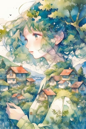 

cute,anime,mix,watercolor \(medium\),(The girl's head is decorated with whimsical illustrations of houses, swallows), trees and hills in green tones, evoking the charm of a charming rural landscape. The background blends in with her hair, exuding an air of tranquility and creating a harmonious composition that captures the beauty of nature. The illustration symbolizes the harmony between humans and the environment, focusing on the face. ((White background))