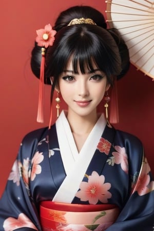 1girl,solo,looking at viewer,long hair,bangs,floral print,seductive smile, hair ornament,blush,jewelry,earrings,closed mouth,japanese clothes,black hair,kimono,tassel,upper body,red kimono,
