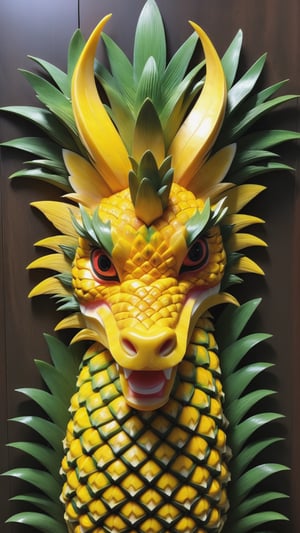 Pineapple carving, eastern dragon, China Dragon, pineapple carving art, carving, tmasterpiece, superb quality, Hyper-realistic, Feature photo, hight resolution, higly detailed