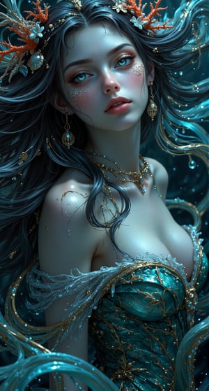 Imagine a mesmerizing female mythical creature known as the Siren of the Silver Seas. She embodies the essence of the ocean, with long, flowing hair that shimmers like the surface of water under the moonlight, infused with strands of bright coral and glistening pearls. Her skin is a soft iridescent hue, reminiscent of seashells, and her enchanting, luminous eyes reflect the deep blues and greens of the sea.,Fantasy drawing,Midjourney_Whisper,REALNIME