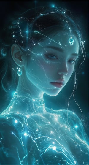 Phosphorescent entanglement art, real photos, cyberpunk woman performance art, gorgeous and clear jewelry, clear face texture, clear clothing texture, background fades to black, clear reflection on the ground, hdr,Crystal Glass,intricate portrait,Lighting Effect