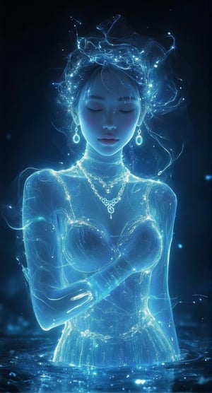 Phosphorescent entanglement art, real photos, cyberpunk woman performance art, gorgeous and clear jewelry, clear face texture, clear clothing texture, background fades to black, clear reflection on the ground, hdr,Crystal Glass,intricate portrait,Lighting Effect