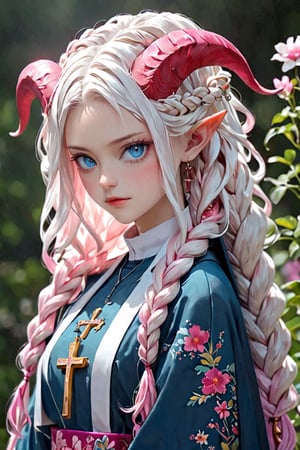 albino Demon Girl, (long intricate horns:1.2),Beautiful nordic girl, a nun adorned in a colorful and stunning floral-patterned habit,(pink wimple),
colorful scapulae,Cross,
Very long braided hair,colorful braided hair,radiating vibrancy and life.,Her attire exudes warmth and kindness, spreading serenity like a blooming garden. With elegant grace, ,mizuki shiranui,aesthetic portrait,ktrmkp,Realistic Blue Eyes,tlps,ct-niji2