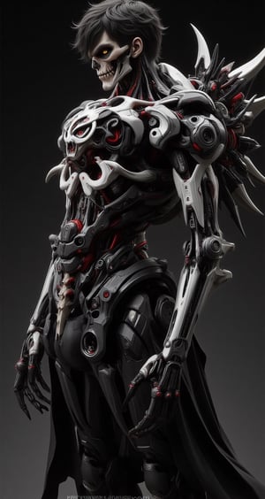 cyborg man fusion of human and skeletal machinery.  black hair and gold eyes. Pale skin contrasting with dark mechanical parts. Body partially covered in intricate bone-like structures and cybernetic enhancements. Skull motifs integrated into design. Long, claw-like fingers and sharp bone protrusions along arms and back. Ribcage visible, merging with technological components. Lower body features a mix of human legs and skeletal machine parts. Tattered black clothing partially covering body. Eerie, otherworldly aura. Pose emphasizing the melding of organic and mechanical elements. Dark background with subtle tech interface elements. Hyperdetailed textures of bone, metal, and circuitry. Color scheme primarily black, white, and grey with occasional red accents.,LinzExoboneRobot,Skeleton,Wukong