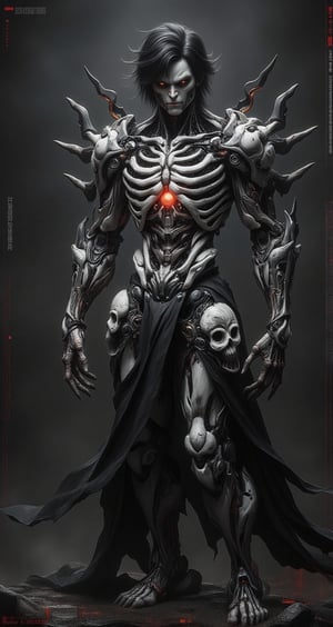 cyborg man fusion of human and skeletal machinery.  black hair and gold eyes. Pale skin contrasting with dark mechanical parts. Body partially covered in intricate bone-like structures and cybernetic enhancements. Skull motifs integrated into design. Long, claw-like fingers and sharp bone protrusions along arms and back. Ribcage visible, merging with technological components. Lower body features a mix of human legs and skeletal machine parts. Tattered black clothing partially covering body. Eerie, otherworldly aura. Pose emphasizing the melding of organic and mechanical elements. Dark background with subtle tech interface elements. Hyperdetailed textures of bone, metal, and circuitry. Color scheme primarily black, white, and grey with occasional red accents.,Skeleton,Wukong,hkevil,Ghost 