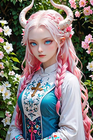 albino Demon Girl, (long intricate horns:1.2),Beautiful nordic girl, a nun adorned in a colorful and stunning floral-patterned habit,(pink wimple),
colorful scapulae,Cross,
Very long braided hair,colorful braided hair,radiating vibrancy and life.,Her attire exudes warmth and kindness, spreading serenity like a blooming garden. With elegant grace, ,mizuki shiranui,aesthetic portrait,ktrmkp,Realistic Blue Eyes,tlps,ct-niji2