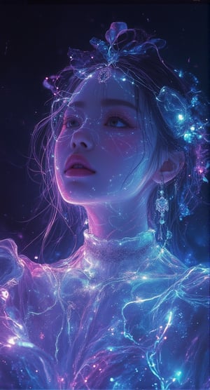 Phosphorescent entanglement art, real photos, cyberpunk woman performance art, gorgeous and clear jewelry, clear face texture, clear clothing texture, background fades to black, clear reflection on the ground, hdr,Crystal Glass,intricate portrait,Lighting Effect