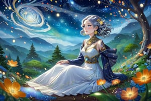 Masterpiece, 4K, ultra detailed, ((solo)), anime impressionism art style, elegant mature woman with beautiful detailed eyes and glamorous makeup, long flowy gray hair, finely detailed earrings, sitting in a flowering forest, swirling starry night, more detail XL, SFW, depth of field,ukiyoe,glitter,colorful