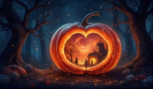 A large crystal translucent pumpkin nestled in a magical forest with gothic elements. Inside, a witch and fairy can be seen interacting with elfs, near a castle house and fairy cliff .The scene is illuminated by the soft glow of fireflies, creating a whimsical fairytale ambiance. The illustration is in a children's comic style executed by a master artist, capturing every enchanting detail.,Whimsical Kiko,Crystal Glass,Whimsical Kiko 