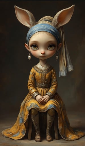 Super realistic caricature. Cute anthropomorphic bunny costume ("Girl with a Pearl Earring") with a huge head and tiny body. Dramatic angle, sitting on a small stool against a classic neutral dark background. Her large, expressive eyes and oversized pearl earrings dominate her face, while her petite body is clad in flowing, exaggeratedly painted traditional clothing.,Whimsical Kiko 