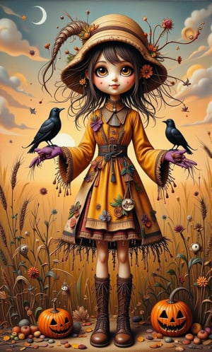 (Supernatural Portrait, Masterpiece, Dark Fantasy, Oil Painting, Painting), ,Upper body mid-shot, in the center of the frame is a litter girl dressed as a scarecrow, surrounded by a wide green barley field. The scarecrow, made of dry branches, dried flowers and straw, has a joyful expression and a happy smile, has smoky makeup, and wears an old and worn wide-brimmed straw hat that falls just below her eyebrows. She is wearing a vividly colored pearl yellow cotton shirt and purple velvet gloves, her arms are outstretched to the side, and two crows are sitting on her arms, which are very detailed and depicted. There is a sunset and natural light in the background. ,mythp0rt,Whimsical Kiko,Thriller illustration,Halloween_Figure,ZanyEyesStyle